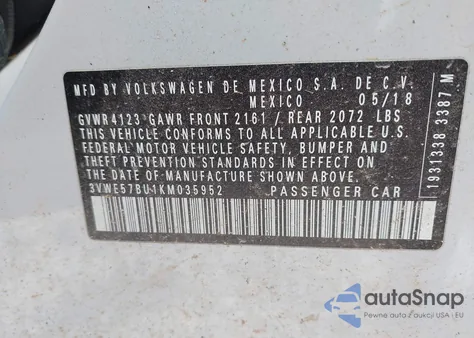 2019 Volkswagen Jetta 1.4T Sel z USA, uszkodzony, nr VIN 3VWE57BU1KM035952